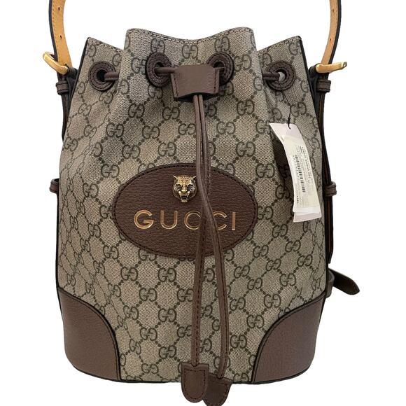 New GUCCI Neo Vintage GG Supreme Bucket Backpack Tiger Head Logo Drawstring Tan - Picture 2 of 16